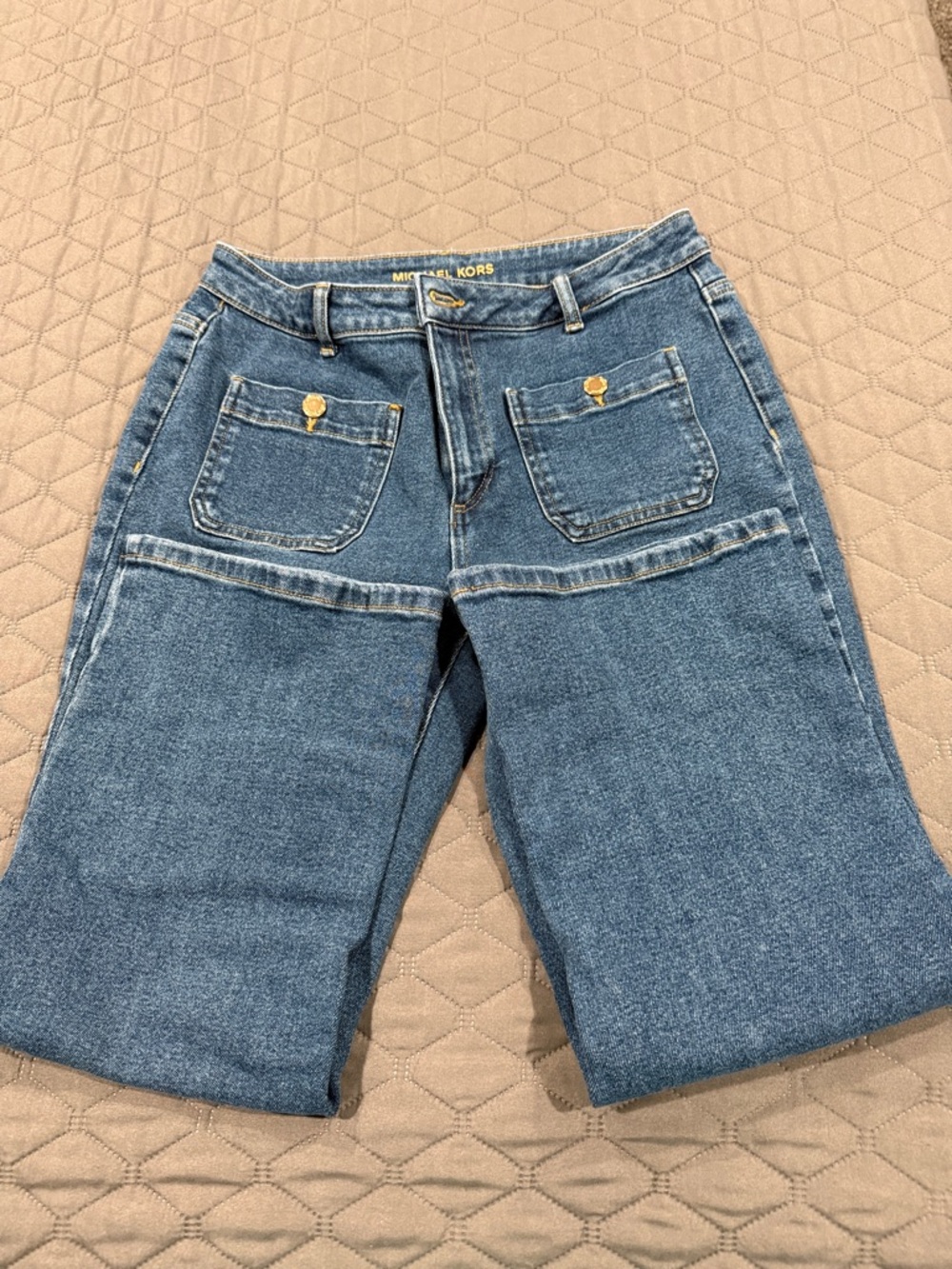 Michael Kors Straight-Leg Blue Denim Jeans with Gold Accents